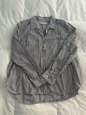 Women’s Navy and White Striped Button-Up Shirt